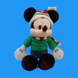 Disney Christmas Mickey Mouse Plush Santa Hat GRN Puffer Jacket Candy Cane Scarf